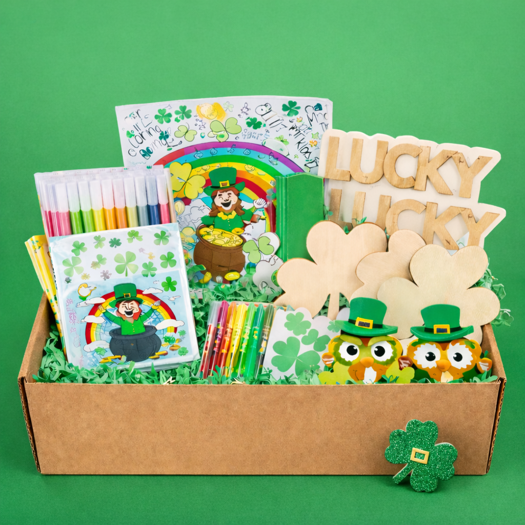 Wonder Mom Box St. Patrick's Day edition with green and gold themed crafts
